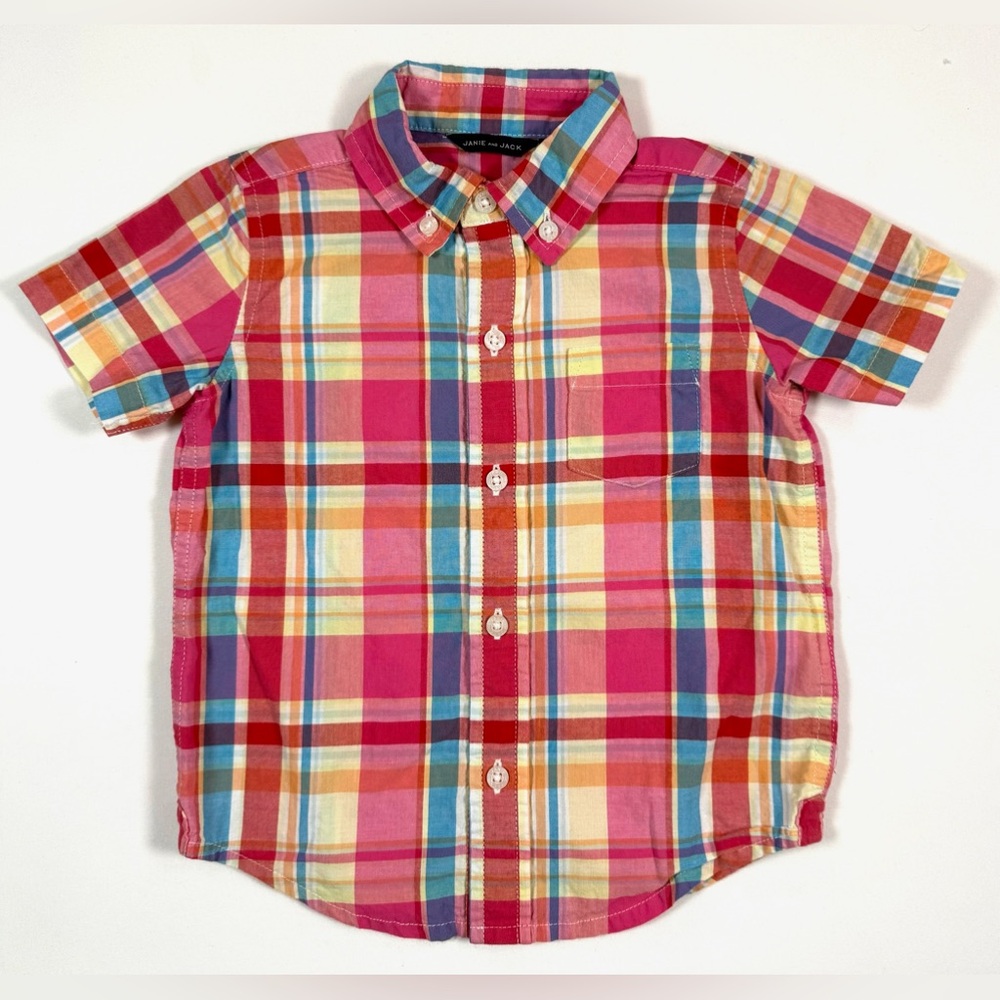 JANIE AND JACK Baby Button Up Shirt Plaid Madras Short Sleeve 18-24M Preppy Cute